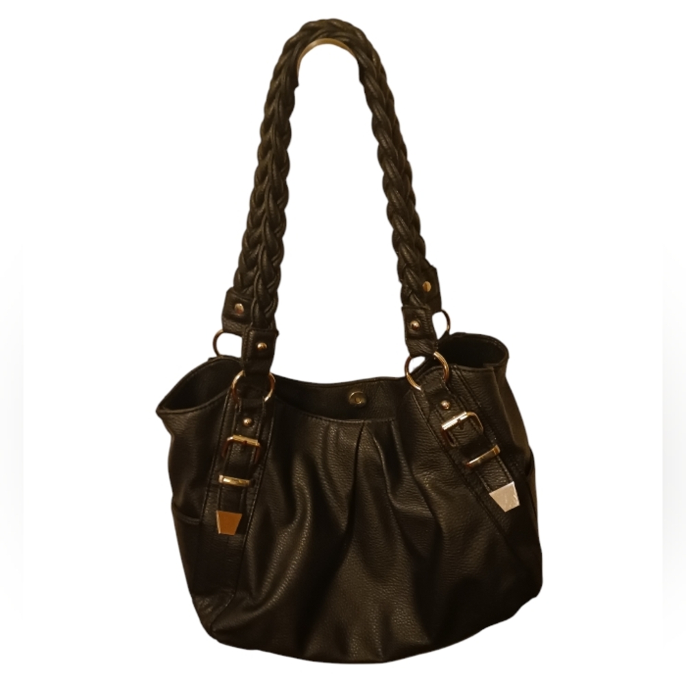 APT 9 Pleated Faux Black Leather Braided Handle Shopper